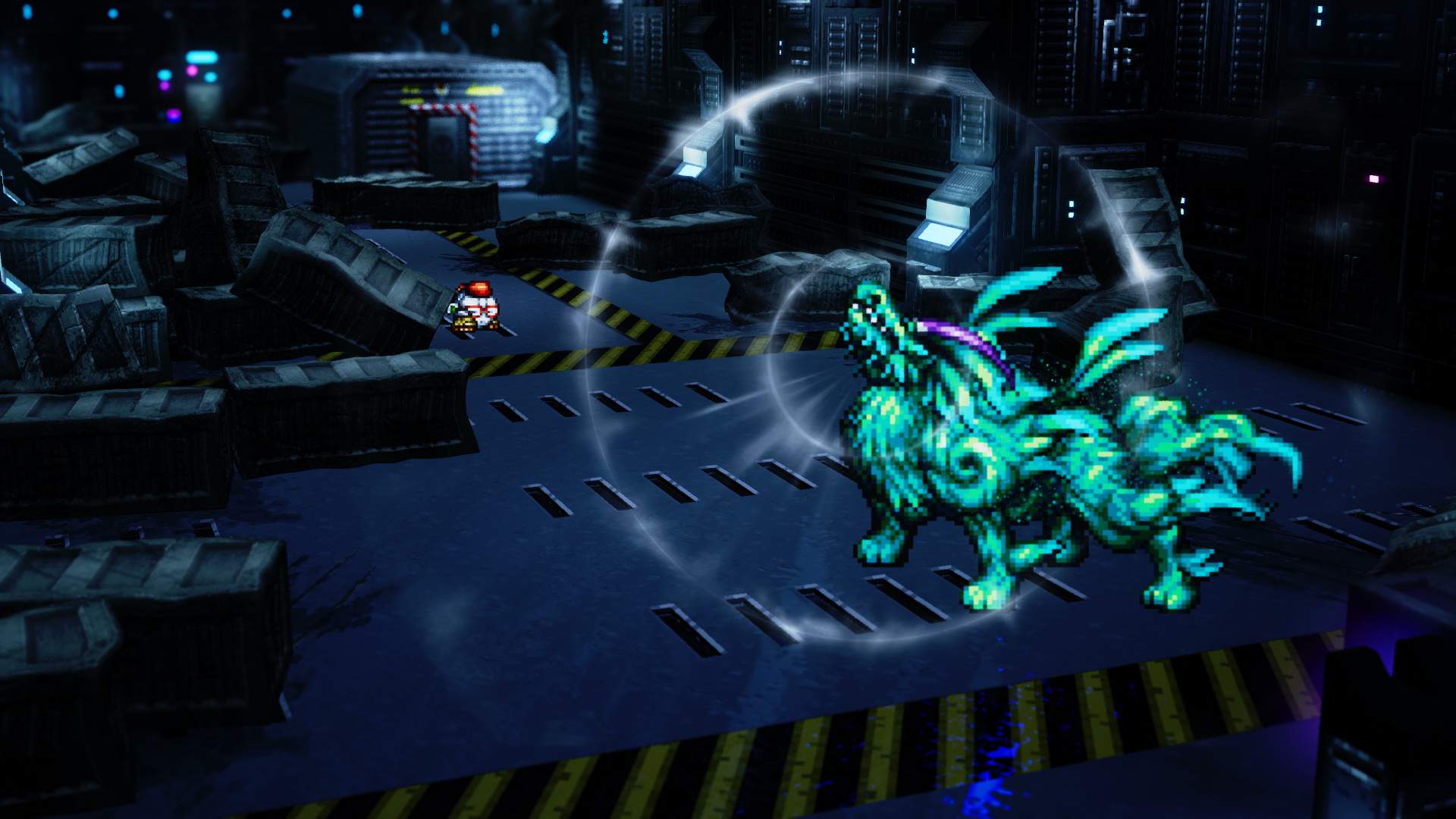 Un personnage du chapitre « Le futur lointain » dans un hangar de vaisseau spatial affrontant un grand monstre vert.